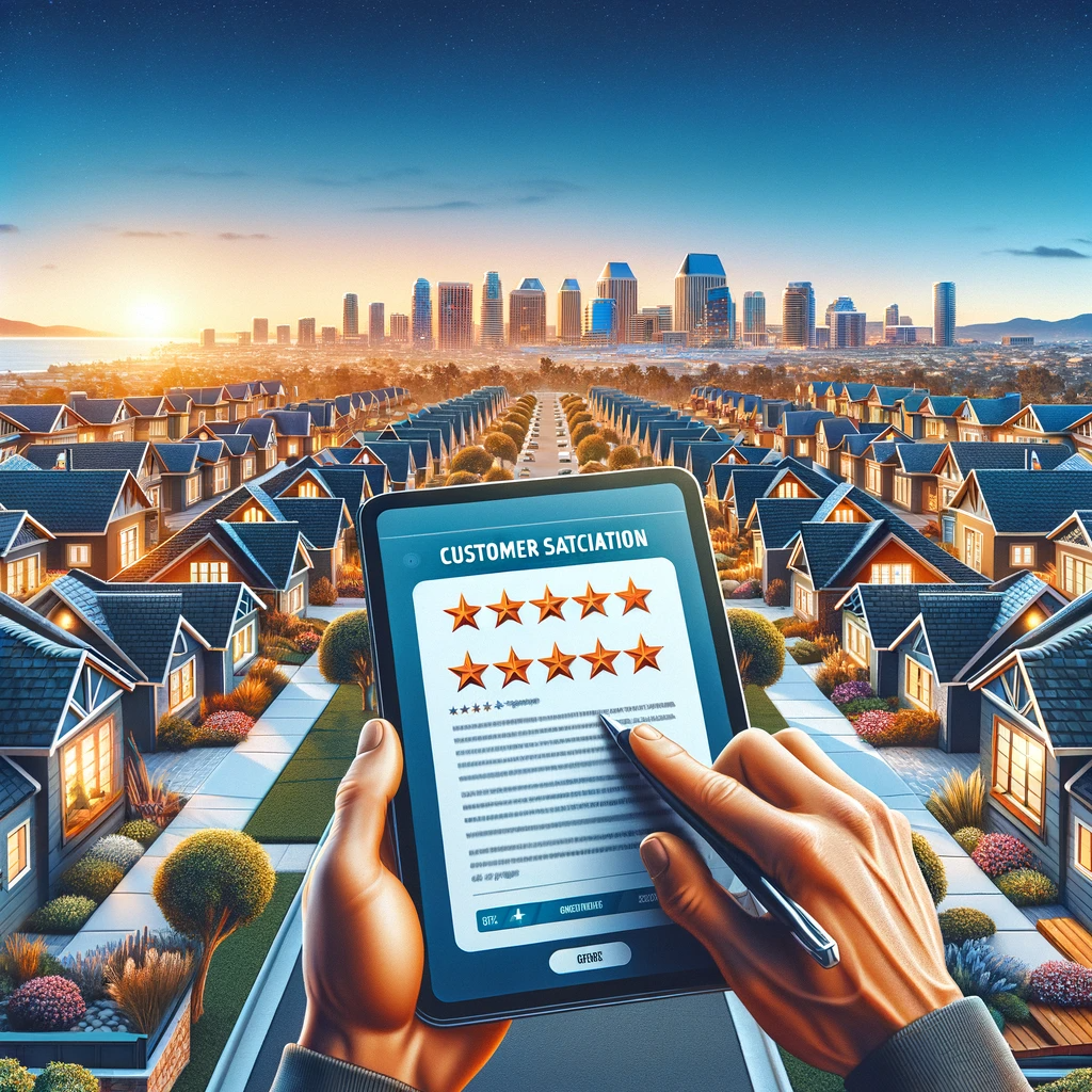 A digital device displaying a 5-star review for a top roofing company in San Diego.