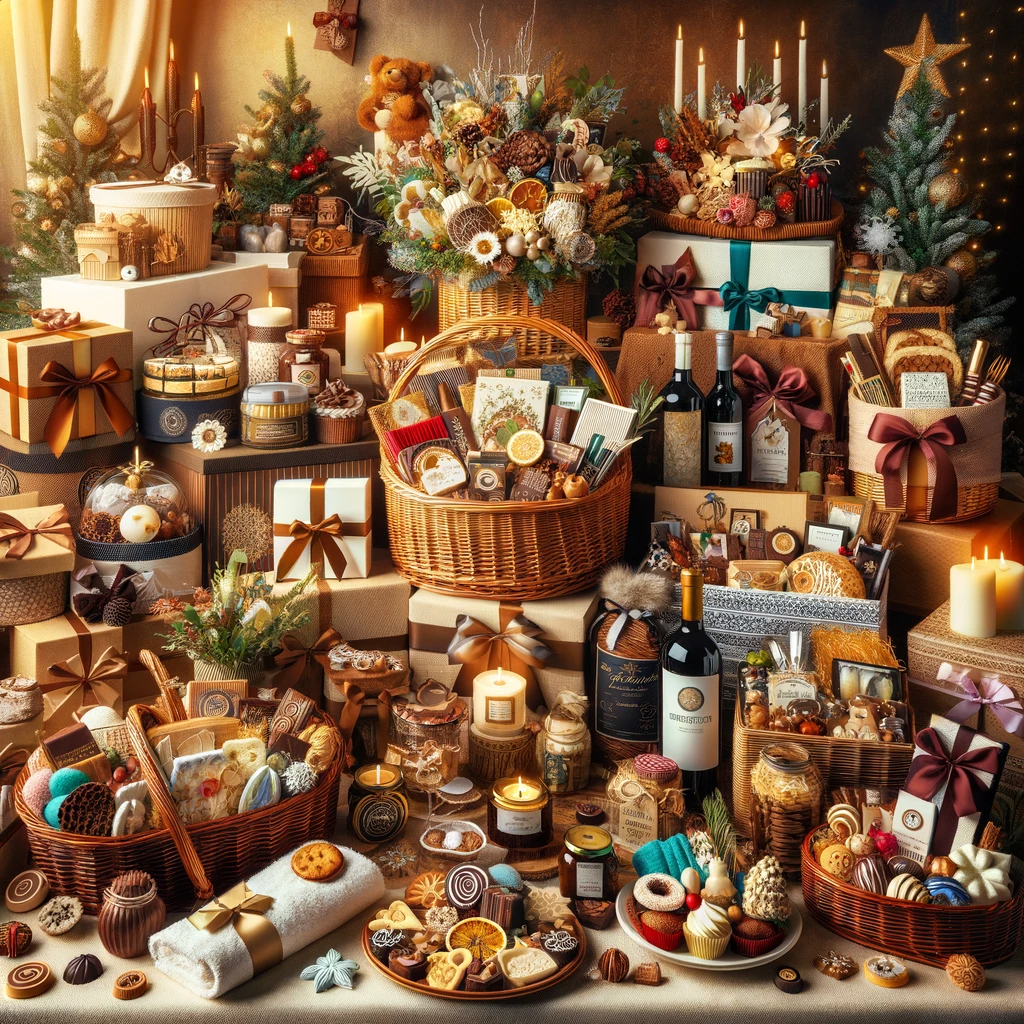 An array of beautifully arranged gift baskets, each with a unique theme, filled with items like gourmet foods, fine wines, chocolates, spa essentials, and handcrafted goods, set in a warm, inviting environment.